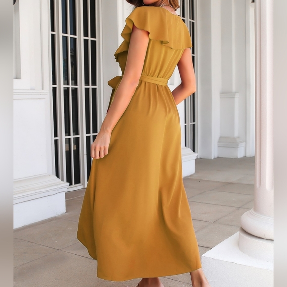 Romantic Ruffled Midi Dress with Wrap Silhouette and Slit - Picture 6 of 7